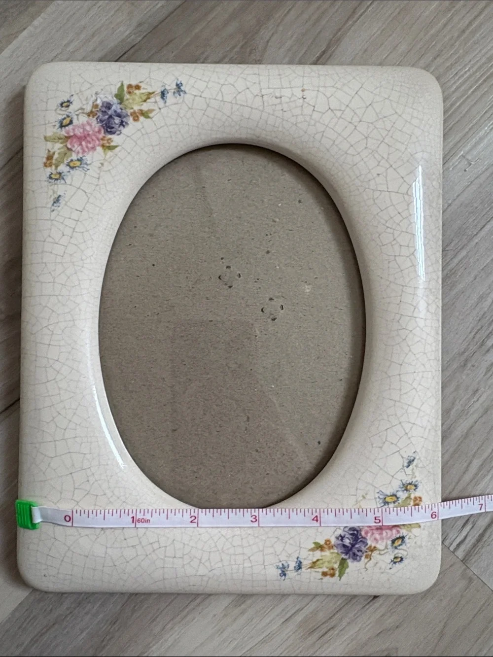 VTG Ceramic Crackle Glaze Floral Picture Frame Cream Oval Photo Opening